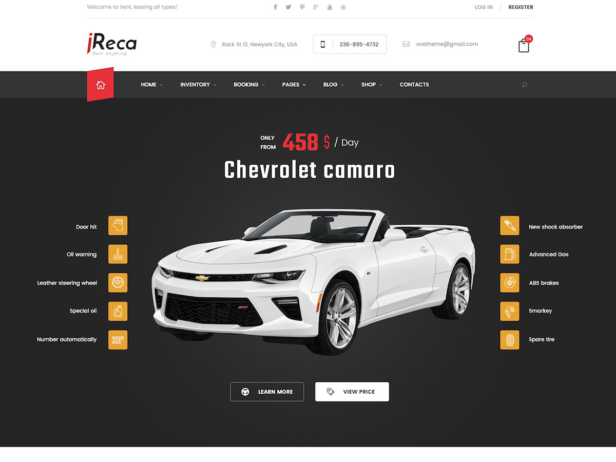 Ireca - Car Rental Boat, Bike, Vehicle, Calendar WordPress Theme